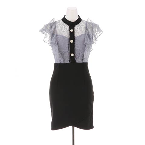 [SMLサイズ]シースルーレースパールボタンフリル袖タイトミニドレス[3サイズ展開](ブラックXブルーグレー-Sサイズ)