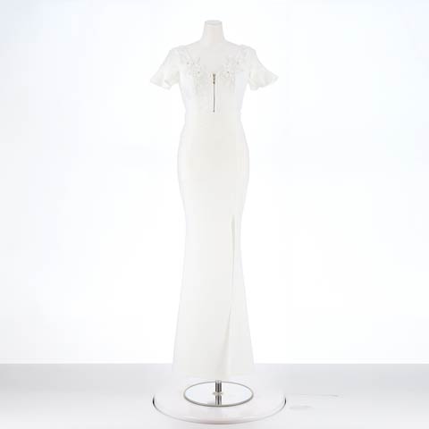 明日花キララ着用[SMLサイズ]クロスビジューフロントジップフリル袖タイトロングドレス[3サイズ展開](ホワイト-Sサイズ)