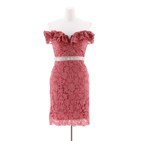 [SMLサイズ]フロントジップオールレースフリルオフショルタイトミニドレス[3サイズ展開](ローズ-Sサイズ)