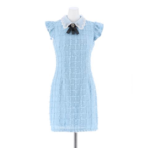 [SMLサイズ]フリンジチェックビジュー襟付きフリル袖タイトミニドレス[3サイズ展開](ブルー-Sサイズ)