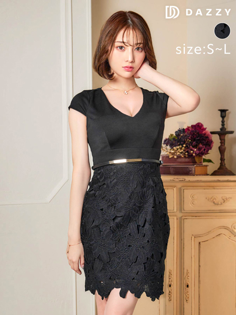 [SMLサイズ]Vネックフラワー刺繍メタリックベルト付きタイトミニドレス[3サイズ展開]