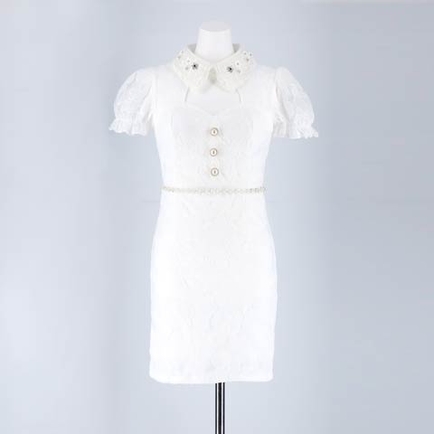 [SMLサイズ]フラワーパールビジュー襟付きパフスリーブタイトミニドレス[3サイズ展開](ホワイト-Sサイズ)