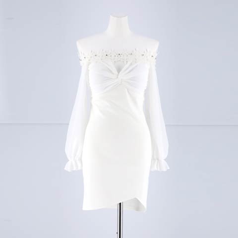 [SMLサイズ]ツイストフラワー刺繍オフショルシフォン長袖タイトミニドレス[3サイズ展開](ホワイト-Sサイズ)