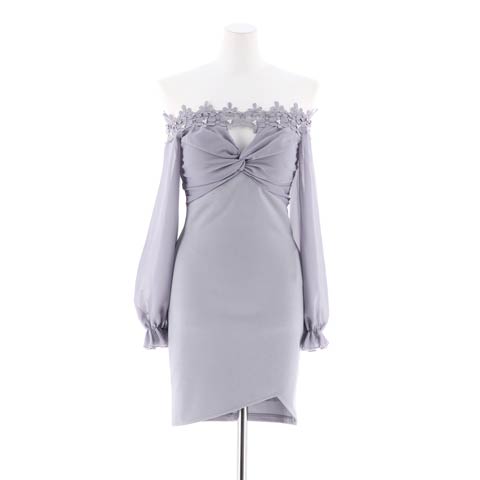 [SMLサイズ]ツイストフラワー刺繍オフショルシフォン長袖タイトミニドレス[3サイズ展開](ブルーグレー-Sサイズ)