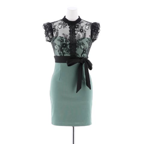 [SMLサイズ]ハイネックレースフリル袖ウエストリボンタイトミニドレス[3サイズ展開](グリーン-Sサイズ)