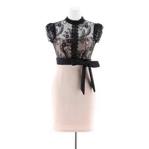 [SMLサイズ]ハイネックレースフリル袖ウエストリボンタイトミニドレス[3サイズ展開](ベージュ-Sサイズ)