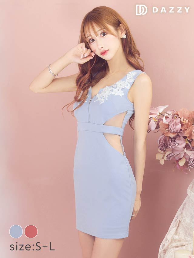 [SMLサイズ]フロントジップビジューフラワーウエスト透けノースリーブタイトミニドレス[3サイズ展開]