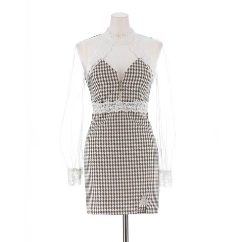 [SMLサイズ]フロントジップレース千鳥格子シアー長袖タイトミニドレス[3サイズ展開](グレイ×ホワイト-Sサイズ)