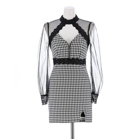 [SMLサイズ]フロントジップレース千鳥格子シアー長袖タイトミニドレス[3サイズ展開](ブラック×ホワイト-Sサイズ)