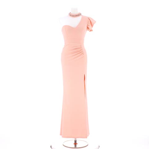 [SMLサイズ]ワンショルダービジューチョーカーネックタイトロングドレス[3サイズ展開](ピンク-Sサイズ)