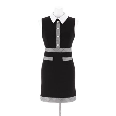 [SMLサイズ]グレンチェックラインパールビジュー襟付きタイトミニドレス[3サイズ展開](ブラック-Sサイズ)