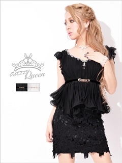 ベルト付プリーツシフォンレース袖付きタイトミニドレス