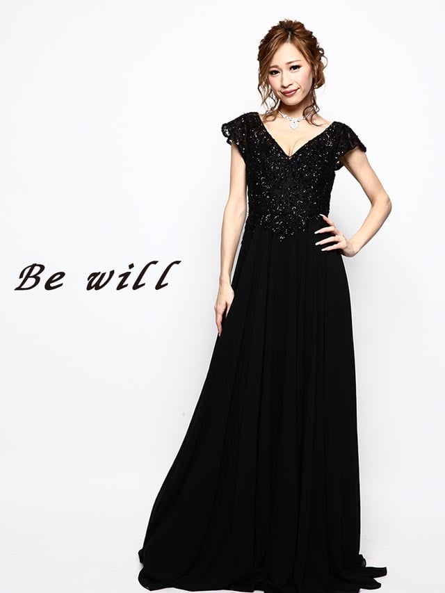 [Be will]刺繍レースVカットノースリAラインロングドレス[D-4919]