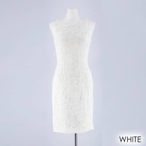 [Lipline]デザイン刺繍ワンカラータイトミニドレス[D-5172](ホワイト-Sサイズ)