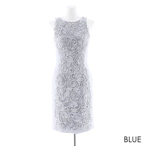 [Lipline]デザイン刺繍ワンカラータイトミニドレス[D-5172](ブルー-Sサイズ)
