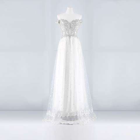 [Be will]オフショルダーバックレースアップ刺繍Aラインロングドレス[A-0125](ホワイト-Sサイズ)
