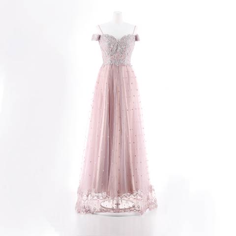 [Be will]オフショルダーバックレースアップ刺繍Aラインロングドレス[A-0125](ピンク-Sサイズ)