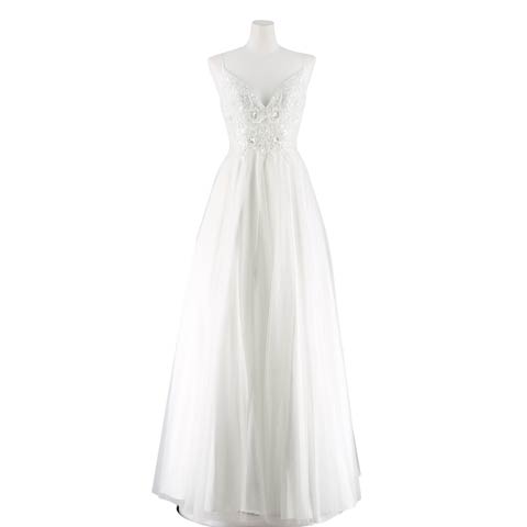 [Be will]フラワー刺繍シャイニーチュールAラインロングドレス[A-0123](ホワイト-Sサイズ)