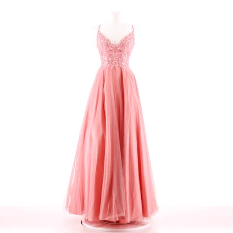 [Be will]フラワー刺繍シャイニーチュールAラインロングドレス[A-0123](ピンク-Sサイズ)