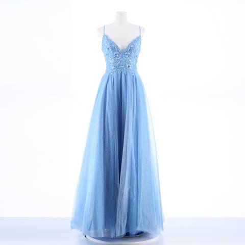 [Be will]フラワー刺繍シャイニーチュールAラインロングドレス[A-0123](ブルー-Sサイズ)