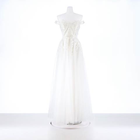 [Be will]オフショルラメフラワー刺繍サイドシアーAラインロングドレス[A-0106](ホワイト-Sサイズ)