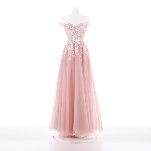 [Be will]オフショルラメフラワー刺繍サイドシアーAラインロングドレス[A-0106](ピンク-Sサイズ)