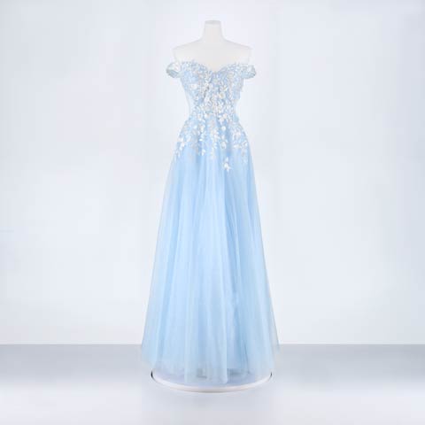 [Be will]オフショルラメフラワー刺繍サイドシアーAラインロングドレス[A-0106](ブルー-Sサイズ)