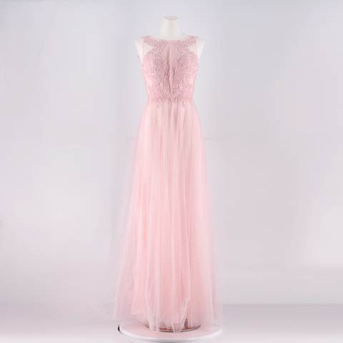 [Be will]ノースリーブ刺繍レースラメチュールAラインロングドレス[A-0132](ピンク-Sサイズ)