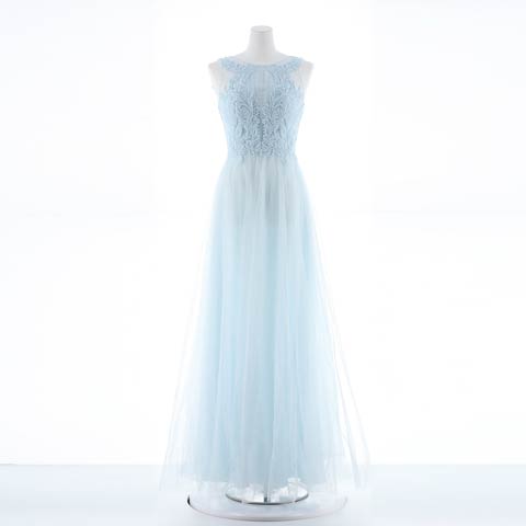 [Be will]ノースリーブ刺繍レースラメチュールAラインロングドレス[A-0132](ブルー-Sサイズ)