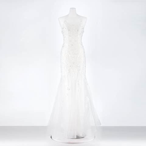 [Be will]ホルターネックフラワー刺繍チュールマーメイドロングドレス[A-0121](ホワイト-Sサイズ)