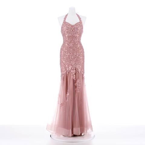 [Be will]ホルターネックフラワー刺繍チュールマーメイドロングドレス[A-0121](ピンク-Sサイズ)