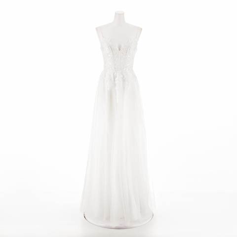 6/20UP[Be will] フラワースパンコール刺繍キャミソールチュールスリットAラインロングドレス(ホワイト-Sサイズ)