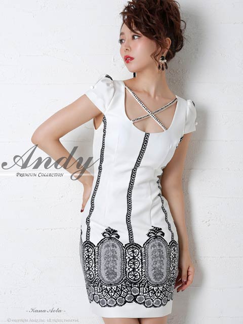 [Andy]デコルテクロス幾何学柄レースタイトミニ丈キャバドレス[AN-OK1424]