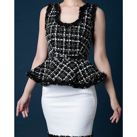 [Andy]チェックツイードペプラムタイトミニドレス[AN-UK015](ブラック×ホワイト-Sサイズ)