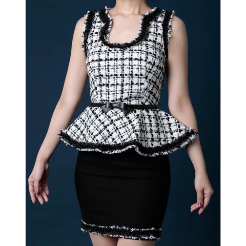 [Andy]チェックツイードペプラムタイトミニドレス[AN-UK015](ホワイト×ブラック-Sサイズ)