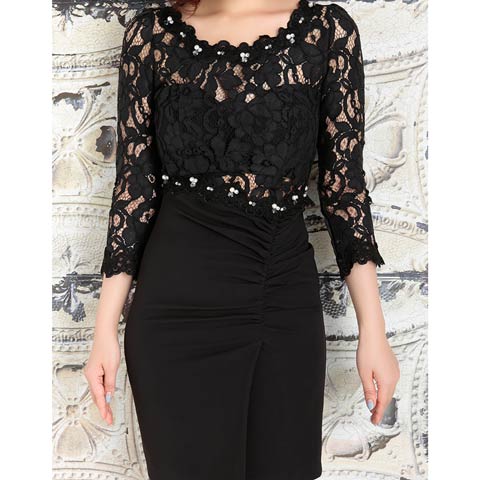 [Andy]ビジュー付きウエスト透けレース袖タイトミニドレス[AN-OK1703](ブラック-S)