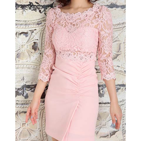 [Andy]ビジュー付きウエスト透けレース袖タイトミニドレス[AN-OK1703](ピンク-S)
