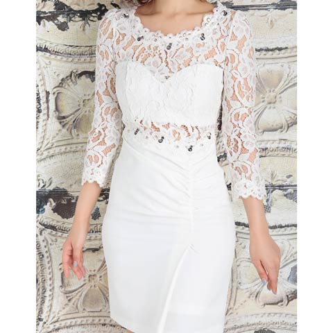 [Andy]ビジュー付きウエスト透けレース袖タイトミニドレス[AN-OK1703](ホワイト-S)