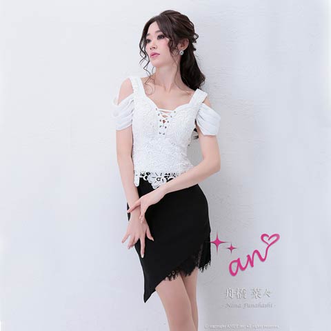 [an]オープンショルダーレースアップアシメタイトミニ丈キャバドレス[AOC-2774]