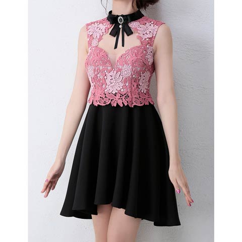 [an]ガーリーネックフラワーレースAラインミニドレス[AOC-2846](ピンクXブラック-Sサイズ)