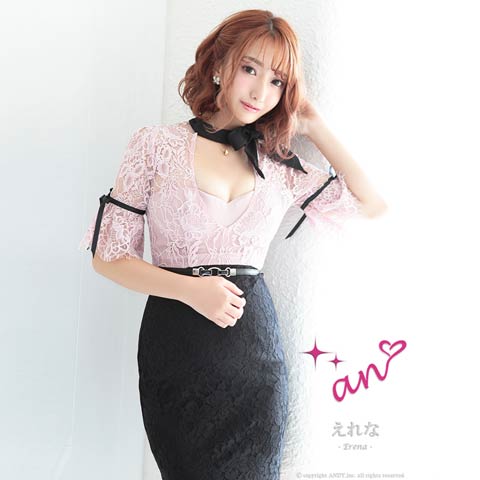 [an]チョーカー風リボン付きシアーレースタイトミニ丈キャバドレス[AOC-2779]