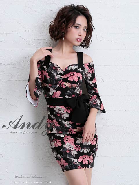 2/26再販![Andy]袖付きオフショルフラワープリントタイトミニドレス[AN-OK2058]