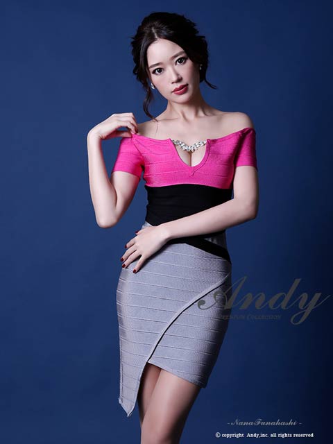 [Andy]ビジュー付きオフショルバンテージタイトミニ丈キャバドレス[GMS-V580]