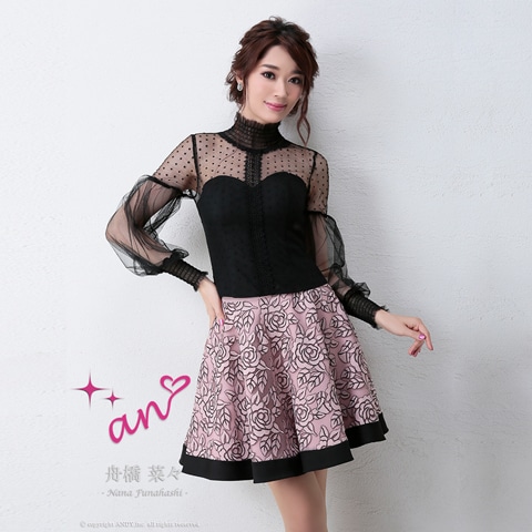 [an]チュールスリーブローズ柄Aラインミニ丈キャバドレス[AOC-2838]