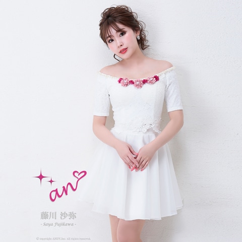 [an]フラワーモチーフ付レースオフショルAラインミニ丈キャバドレス[AOC-2800]