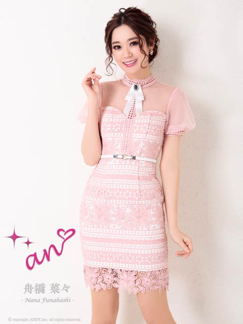 [an]シアーパフスリーブ総レースタイトミニ丈キャバドレス[AOC-3045]