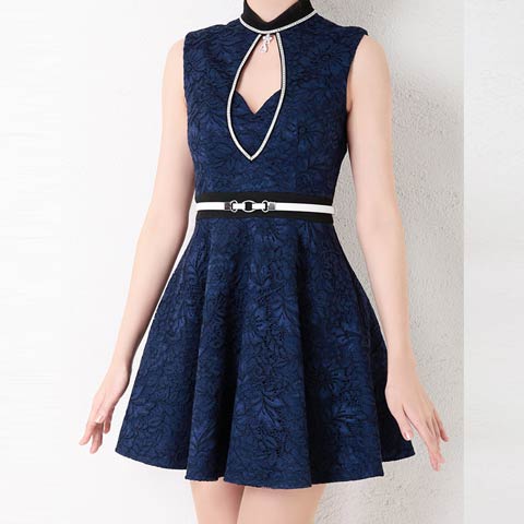 [an]デコルテホールハイネック総レースAラインミニドレス[AOC-3064](ネイビーXブラック-Sサイズ)