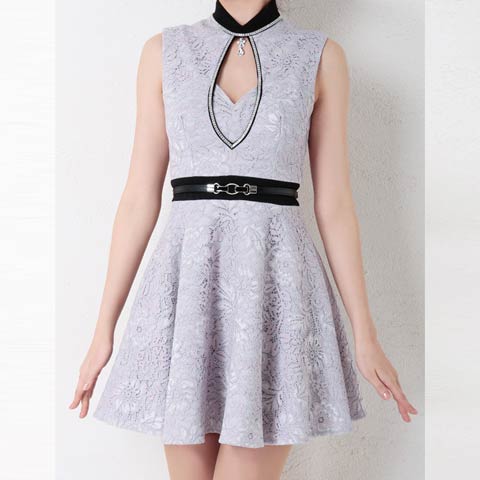 [an]デコルテホールハイネック総レースAラインミニドレス[AOC-3064](グレーXブラック-Sサイズ)