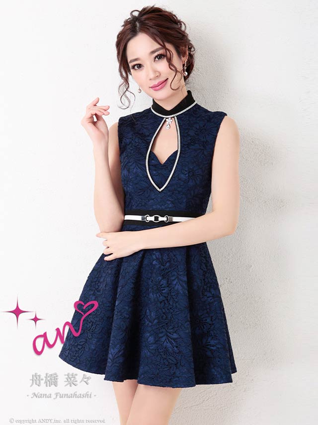 [an]デコルテホールハイネック総レースAラインミニドレス[AOC-3064]