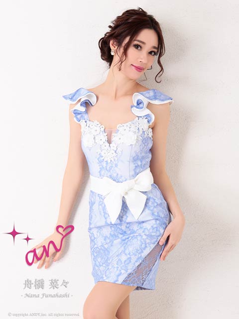 [an]パステルフリルショルダー刺繍タイトミニ丈キャバドレス[AOC-3046]